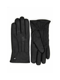 Schwarze Lederhandschuhe mit drei vertikalen Nähten auf der Rückseite, einem gerafften Handgelenk und einer glatten Textur. Beinhaltet ein kleines metallisches Logodetail.