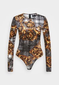 Långärmad bodysuit i svart och grå rutmönster, med gyllene blommönster. Mjuk, stretchig textil med hög skärning vid benet.