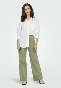 White button-up shirt, long sleeves, and pocket; paired with high-waisted, wide-leg light green pants and beige shoes with black soles.