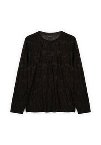 Schwarzes Langarmshirt mit strukturiertem Blumenmuster; runder Ausschnitt, weicher Stoff, lässige Passform und leicht herabgesetzte Ärmel.