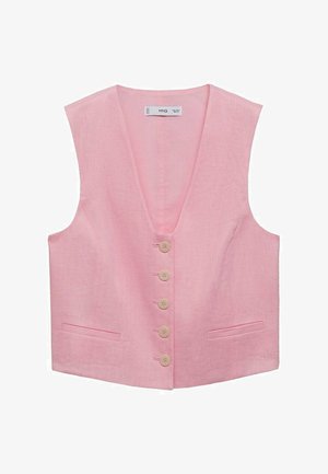 Ružový ľanový vest s hlbokým V-dekoltom, šesť béžových gombíkov na prednej strane a dve bočné vrecká. Hladká textúra a prispôsobený dizajn.