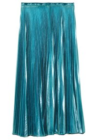 Teal plisserad kjol gjord av glänsande, strukturerad tyg, med vertikala veck och ett elastiskt midjeband. Slät finish med en reflekterande kvalitet.