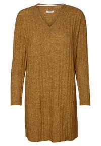 V-ringad klänning med långa ärmar i en varm senapsfärg. Texturerad stickning med vertikal ribb och avslappnad passform. Ingen synlig stängning eller mönster.