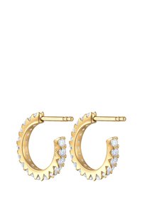 Goldene Creolen mit gezacktem Rand, auf der Vorderseite mit mehreren klaren Edelsteinen verziert. Glatte Innenseite mit einem polierten Finish.