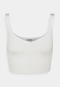 Bralette blanche côtelée avec un décolleté en V et des bretelles fines. Fabriquée dans un matériau texturé, avec une étiquette au centre de l'intérieur.