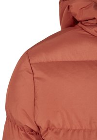 En rustfarget pufferjakke med en glatt, glanset tekstur, synlige sømmer og en koselig hette, sett fra baksiden.