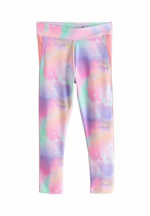 Lasten pastellinväriset vesiväriprinttiset legginsit, joissa on vaaleanpunaiset verkkosivupaneelit ja leveä vyötärökaitale.