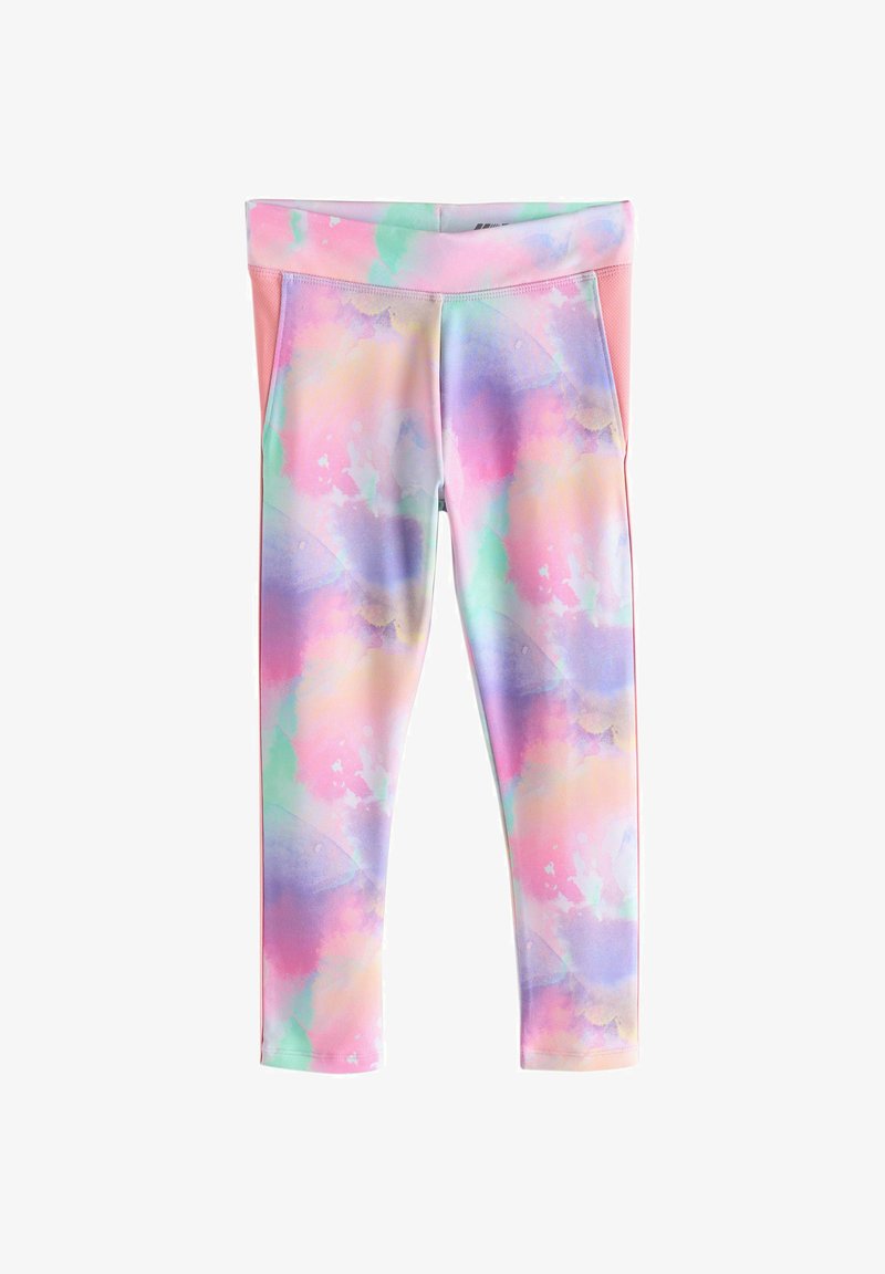 Leggings pour enfants imprimés en aquarelle pastel avec panneaux latéraux en mesh rose et une large ceinture.