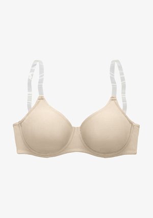 Sosten beige con copas moldeadas, textura semi-mate y tirantes ajustables con un diseño a rayas. Silueta simple y elegante sin adornos.