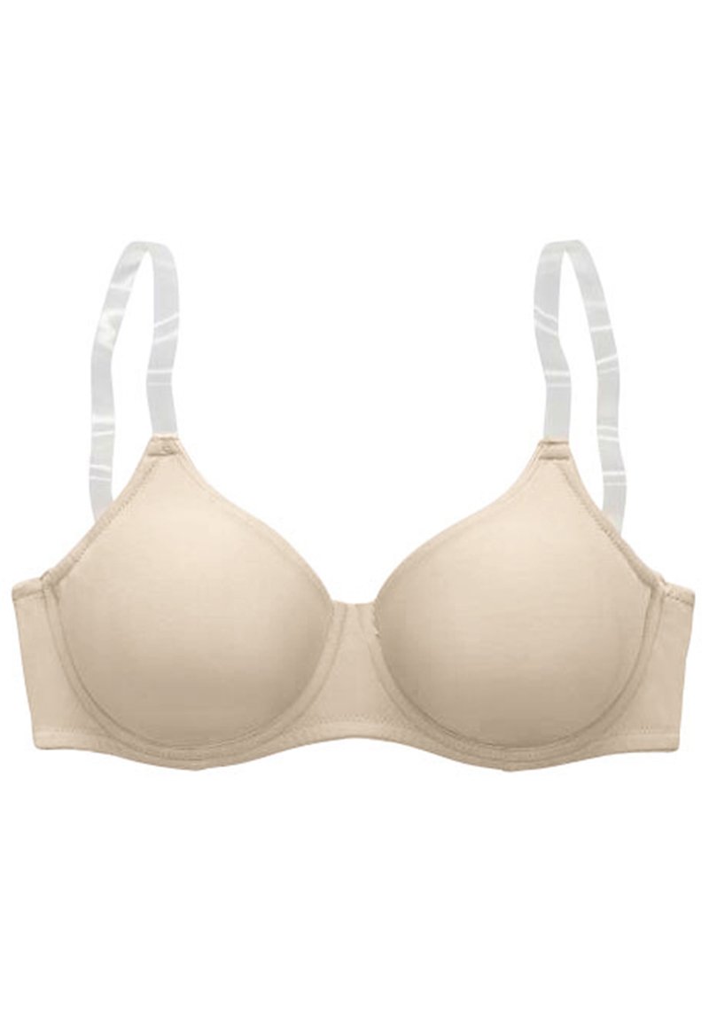 Beige behå med formade kupor, semi-matt yta och justerbara band med randig design. Enkel, strömlinjeformad silhuett utan dekorationer.