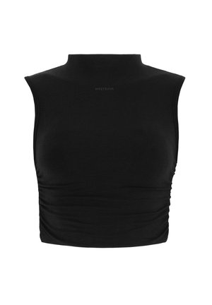Zwart cropped top met een hoge halslijn, mouwloos ontwerp en gerimpelde zijkanten. Gemaakt van soepele, rekbare stof. Geaccentueerd met subtiele branding.