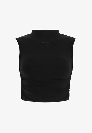 Zwart cropped top met een hoge halslijn, mouwloos ontwerp en gerimpelde zijkanten. Gemaakt van soepele, rekbare stof. Geaccentueerd met subtiele branding.
