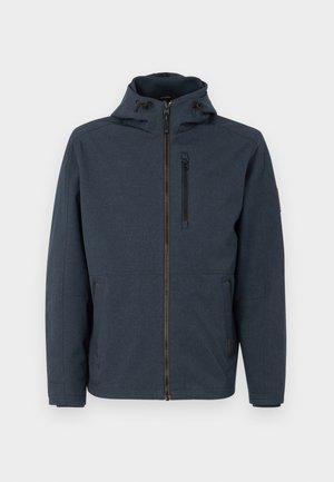 Chaqueta con capucha de un azul oscuro, hecha de tejido texturizado. Cuenta con un cierre frontal, un bolsillo en el pecho con cremallera y bolsillos laterales. Detalles de costura distintivos.