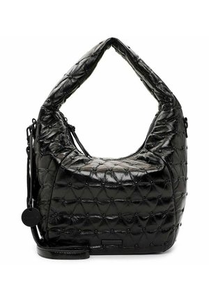 Sac à main noir matelassé avec un design hobo arrondi. Fabriqué en matériau brillant et texturé avec une surface à motifs et une bandoulière amovible.