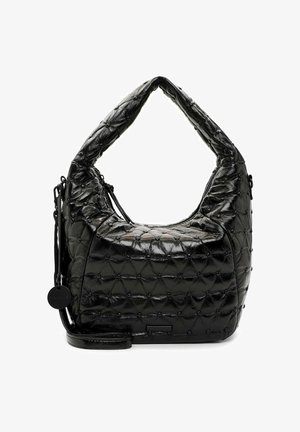 Zwarte gewatteerde handtas met een ronde hobo-vorm. Gemaakt van glanzend, textuurmateriaal met een gestippeld oppervlak en een afneembare schouderriem.