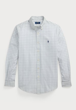 Biała koszula zapinana na guziki z niebieskim wzorem w kratę, kołnierzem na guziki, długimi rękawami i małym granatowym logo Polo Ralph Lauren na piersi.