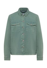 Veste en denim verte avec manches longues, fermeture à boutons sur le devant, deux poches poitrine et accents en boutons argentés. Texture lisse, design de col classique.