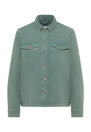 Green denim jacket with long sleeves, button-down front, two chest pockets, and silver button accents. Smooth texture, classic collar design.