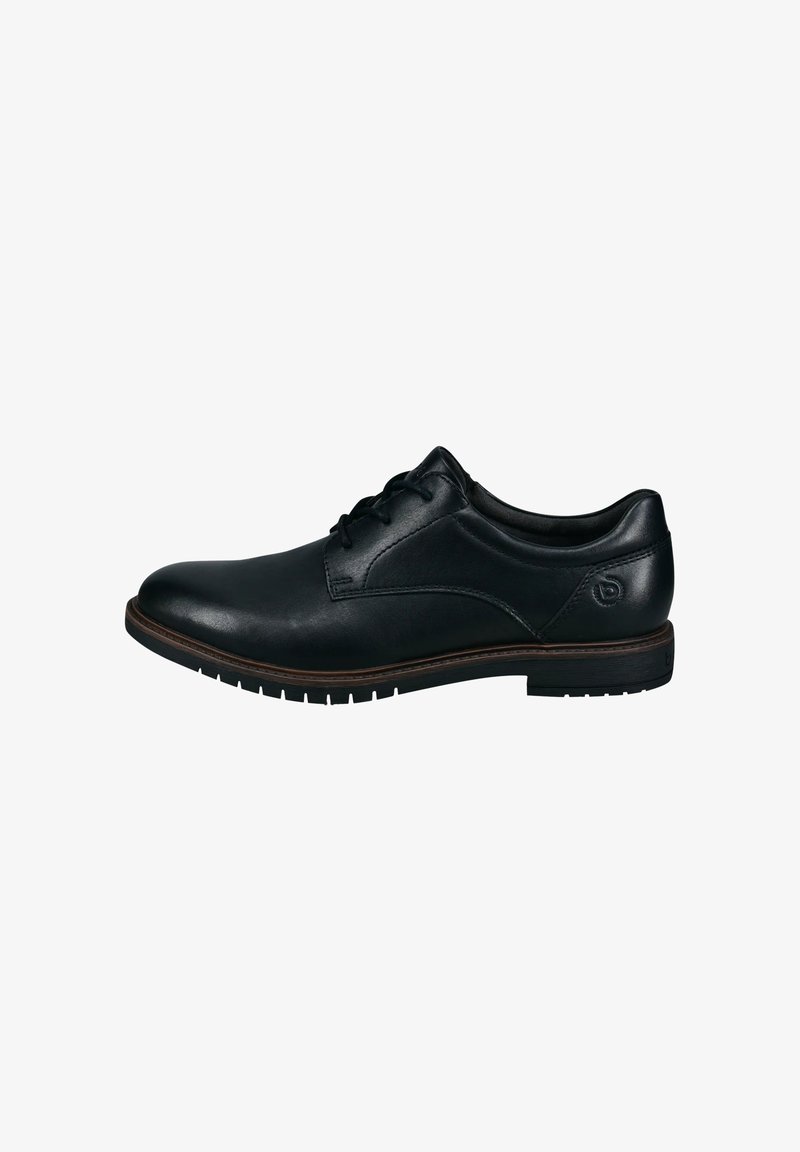 Schwarze Lederanzugschuhe mit glatter Oberfläche, runder Zehenform und dezentem Steppdetail. Mit niedrigem Absatz und rutschfester Gummisohle.