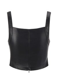 Top corto de cuero negro con tirantes anchos, textura suave y corte recto. Presenta una costura central y un cierre de cremallera en la parte trasera.