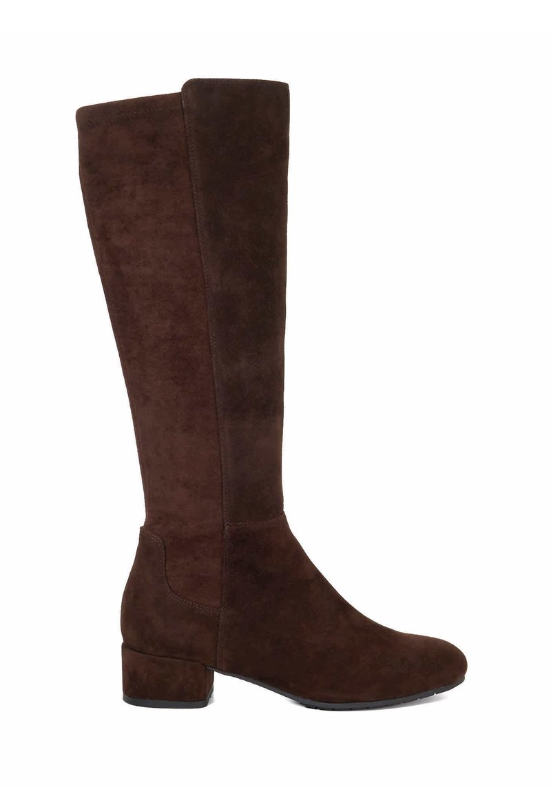 Brown suede knee-high boots with a block heel, smooth texture, rounded toe, and minimal stitching detail, designed for a fitted style.