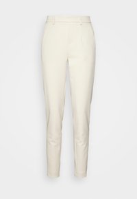 Kræmfarvede skræddersyede bukser med en tapered ben, der har flad front, bæltestropper og en glat stofstruktur for et elegant udseende.