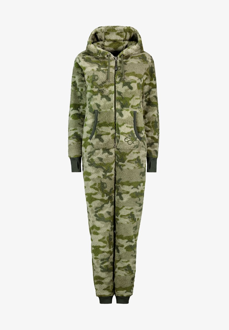 Grüner Camouflage-Einteiler aus plüschigem Stoff. Verfügt über eine Kapuze, einen vorderen Reißverschluss, zwei Taschen und gerippte Bündchen für Wärme.