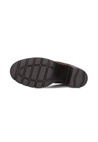 Scarpa in pelle marrone con suola in gomma testurizzata caratterizzata da un motivo a griglia e un tacco pronunciato; parte inferiore visibile nell'immagine.
