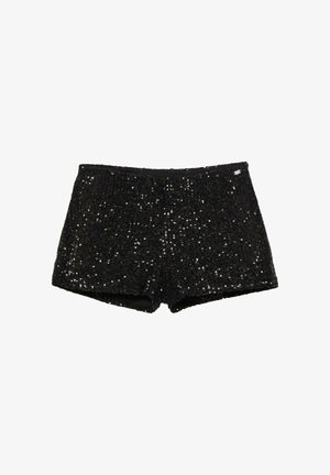 Czarne szorty z cekinami o dopasowanym kroju, elastycznym pasie i fakturze utworzonej przez rozmieszczone metaliczne cekiny.