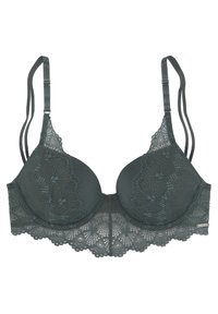 Dunkelgrüner BH mit gepolsterten Cups, aufwendiger Spitze entlang der Kanten, verstellbaren Trägern und nahtlosem Design.