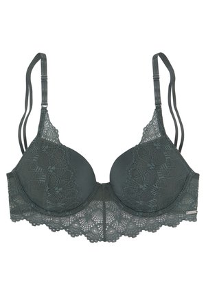Donkergroene beha met gepadde cups, ingewikkelde kantafwerking langs de randen, verstelbare bandjes en een naadloos ontwerp.