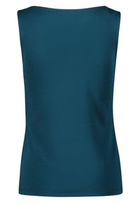 Bez rękawów top w ciemnym odcieniu teal, wykonany z miękkiego, elastycznego materiału. Gładka tekstura, okrągły dekolt i dopasowany krój.