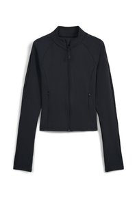 Giacca sportiva nera cropped con colletto alto, maniche lunghe e zip frontale. Presenta tasche laterali con zip e dettagli a trama sulle spalle.
