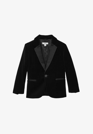Mustmustest blazeri satenist nööriga, ühe nupuga kinnitamine ja kaks eesmist taskut. Sile tekstuur ja kohandatud sobivus.