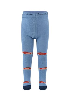 Blue children's tights with red sports car designs on the knees and lower legs, featuring a dark blue toe section.