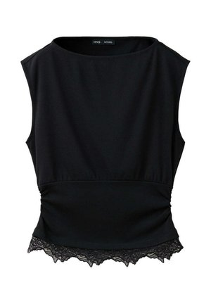 Haut noir sans manches avec encolure ronde et bordure en dentelle à l'ourlet, avec de légers fronces à la taille pour la forme.