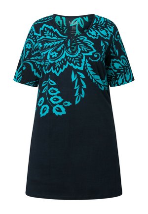 Zwarte tuniekjurk met korte mouwen en grote turquoise bloemen- en bladpatronen op de bovenborst, schouders en mouwen.
