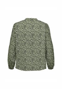 Blusa verde con un motivo astratto nero, maniche lunghe e colletto standard. Tessuto morbido con un design a vestibilità rilassata.