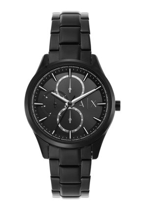 Zwarte Armani Exchange polshorloge met metalen schakelband, drie subdials, zilveren uurmarkeringen en logo aan de rechterkant van de wijzerplaat.