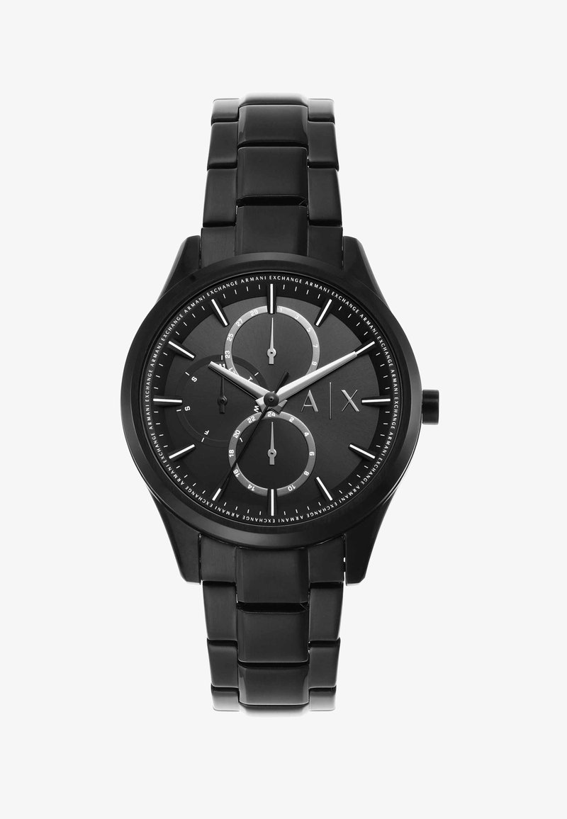 Orologio da polso Armani Exchange nero con cinturino in metallo, tre quadranti secondari, indici argentati e logo sul lato destro del quadrante.