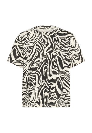 Trumpet trumpas rankovėmis T-marškiniai su zebro raštu, juodai baltais sūkuriais, apvaliu kaklu ir laisvu fasonu. Minkšta tekstūra.