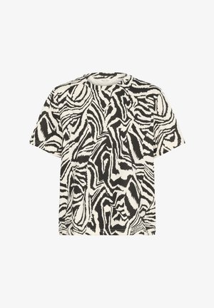 Short-sleeve t-shirt in a zebra-pattern fabric featuring black and white swirls, a round neckline, and a relaxed fit. Soft texture.
