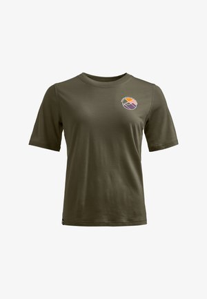 Olive green short-sleeve t-shirt made of soft fabric; features a circular graphic with orange, purple, and white mountain design on the chest.