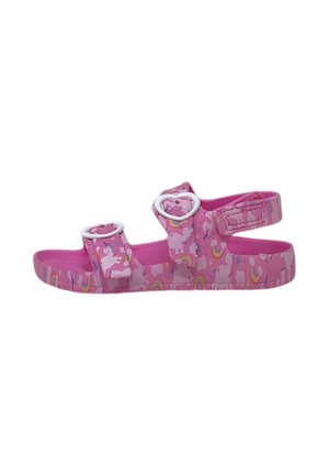 Sandalo rosa per bambini con motivi unicorno e arcobaleno, due cinturini regolabili con fibbia e design aperto sulla punta e sul tallone.