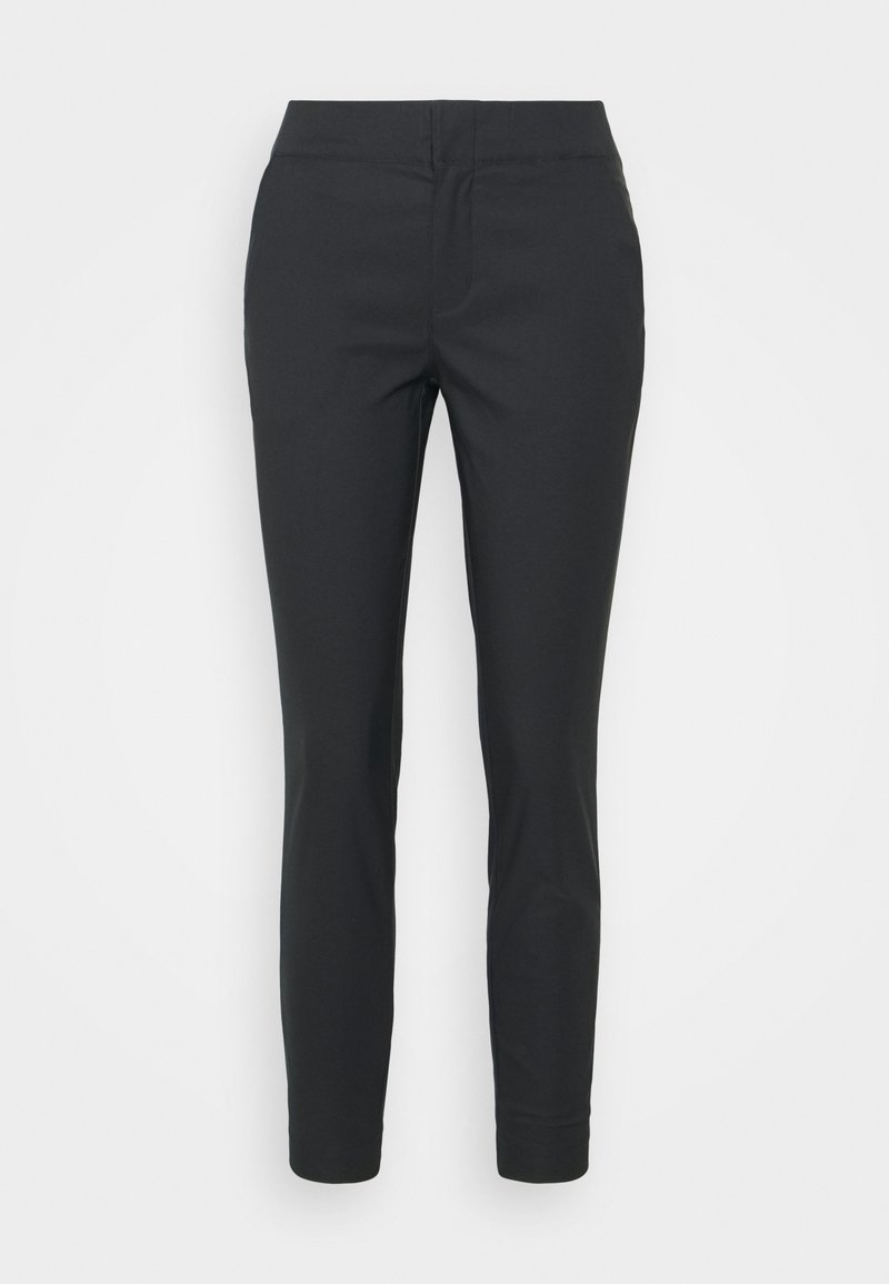 Pantalon noir ajusté coupe slim avec taille élastique et devant lisse, présenté sur un fond neutre.