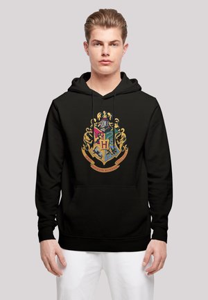 Black hoodie featuring a large, colorful crest graphic on the front with gold accents, text, and a front pocket. Soft fabric with a casual fit.
