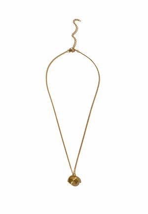 Delicate gold chain necklace with adjustable clasp and round sunburst-patterned pendant.