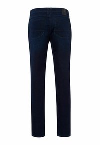 Donkerblauwe jeans van denim met een rechte pijp, twee achterzakken en een klein zwart label op de tailleband.
