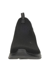 Zwarte sneaker met een gladde, synthetische zool, ademend gebreid bovenwerk en een trekband achter met 'SKECHERS'-branding.