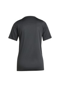 Tricou cu mânecă scurtă din țesătură gri închis, textură netedă, guler rotund, design simplu, fără modele sau grafice vizibile.